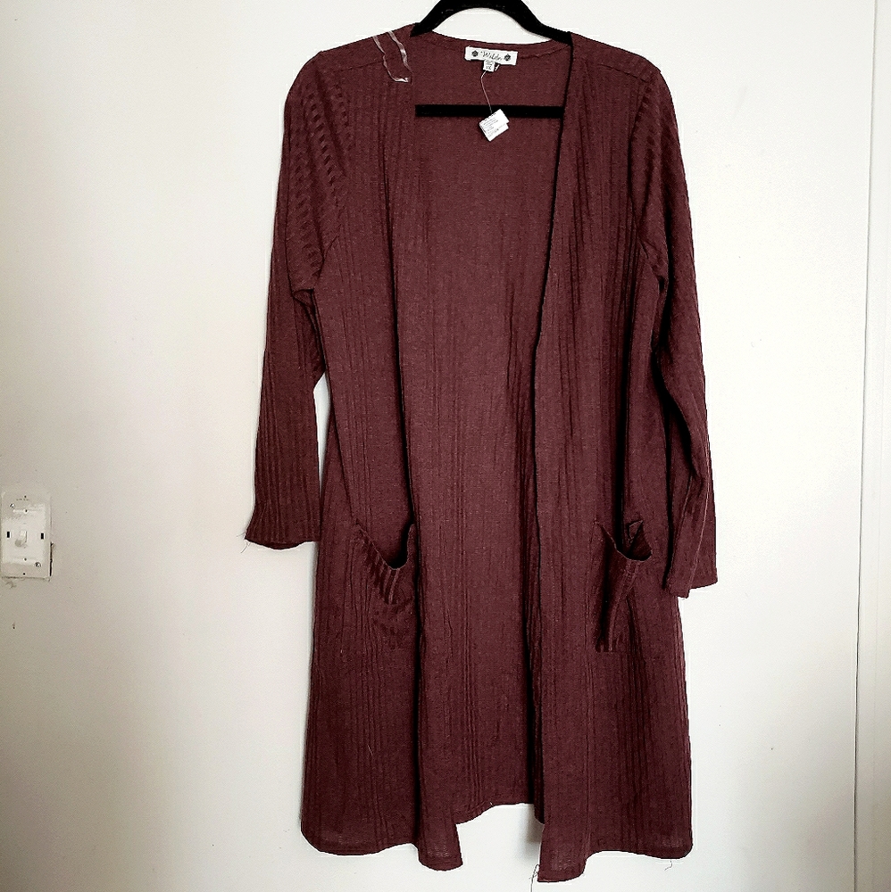 Dark Plum Ribbed Long Cardigan